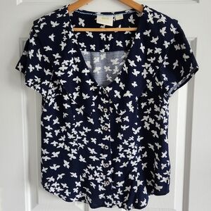 Anthropologie Maeve Navy Blue and White Bird Print Blouse